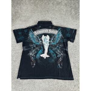 Armored Saint Shirt Mens XL Black Blue Angel Wings Cyber Gothic Studded Polo